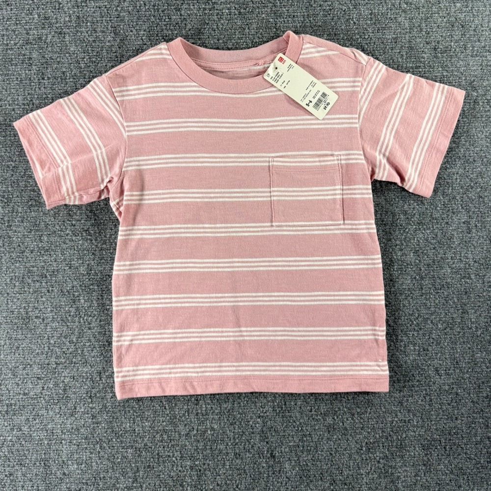 Uniqlo Kids Slub Striped Crew Neck Short Sleeve T-Shirt Pink White Size 5-6